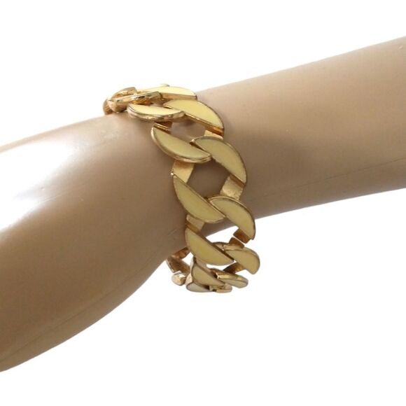 Vtg Enameled Bracelet Chunky Flat Chain Link Gold Tone Ivory Statement Classic. - Picture 12 of 16